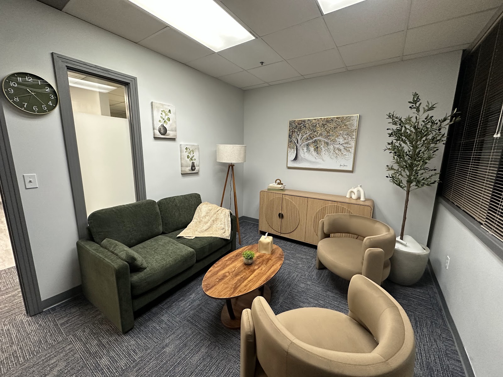 Therapy room with a green couch